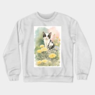 Black-white Cat in the Flower Garden Soft Pastel Colors Crewneck Sweatshirt